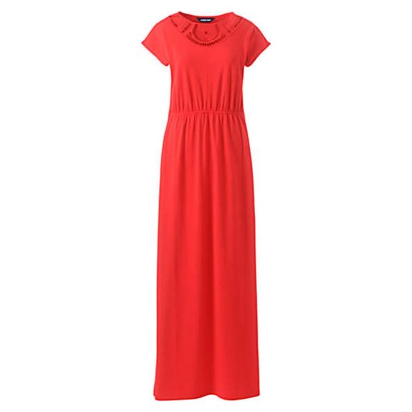 Lands End Crochet Crew Neckline Short Sleeve A-Line Red M Maxi Dress Women NWOT - Picture 1 of 6